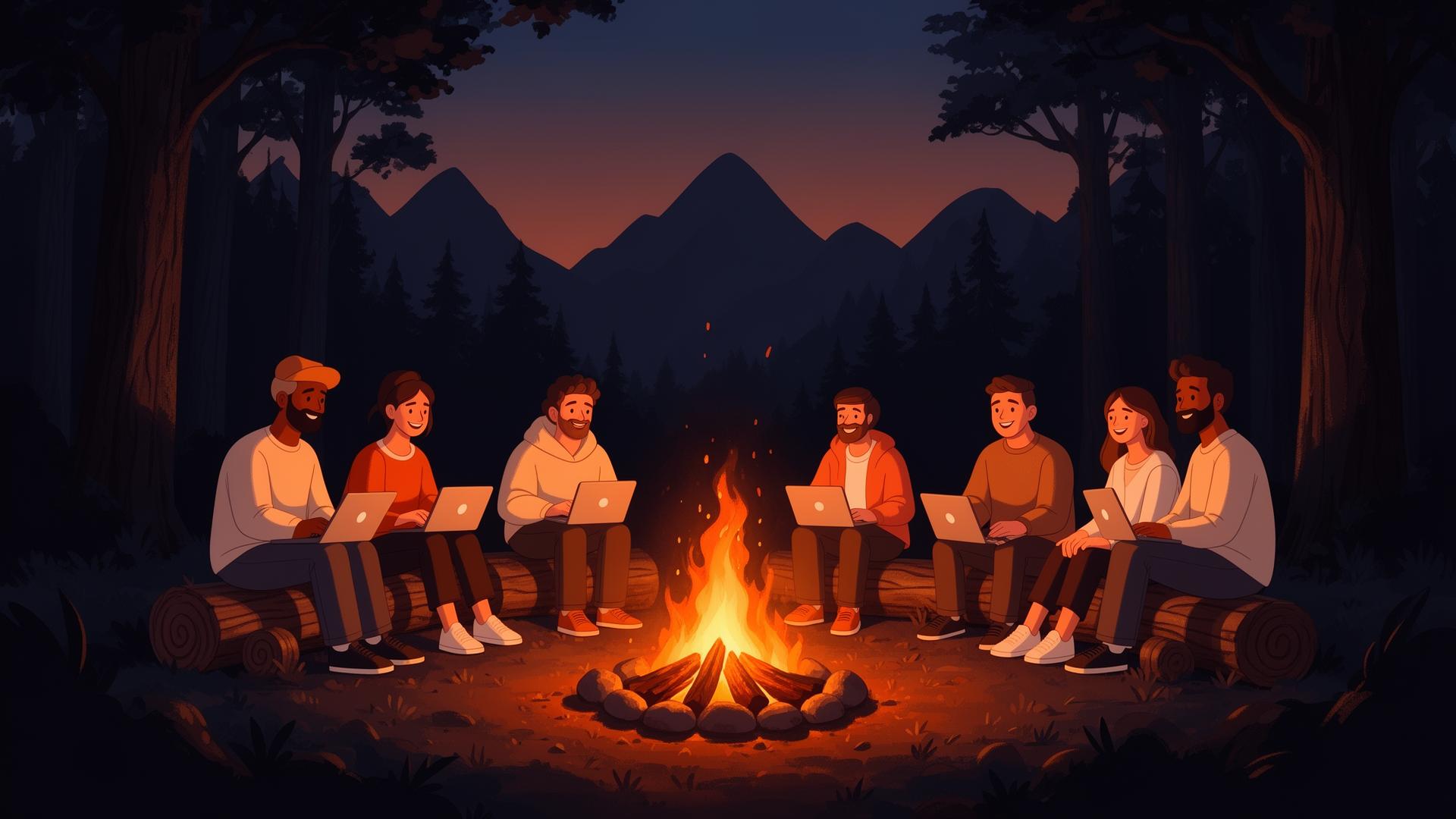 Team gathered around a campfire